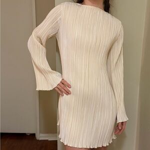 Zara Cream Pleated Long-Sleeve Mini Dress